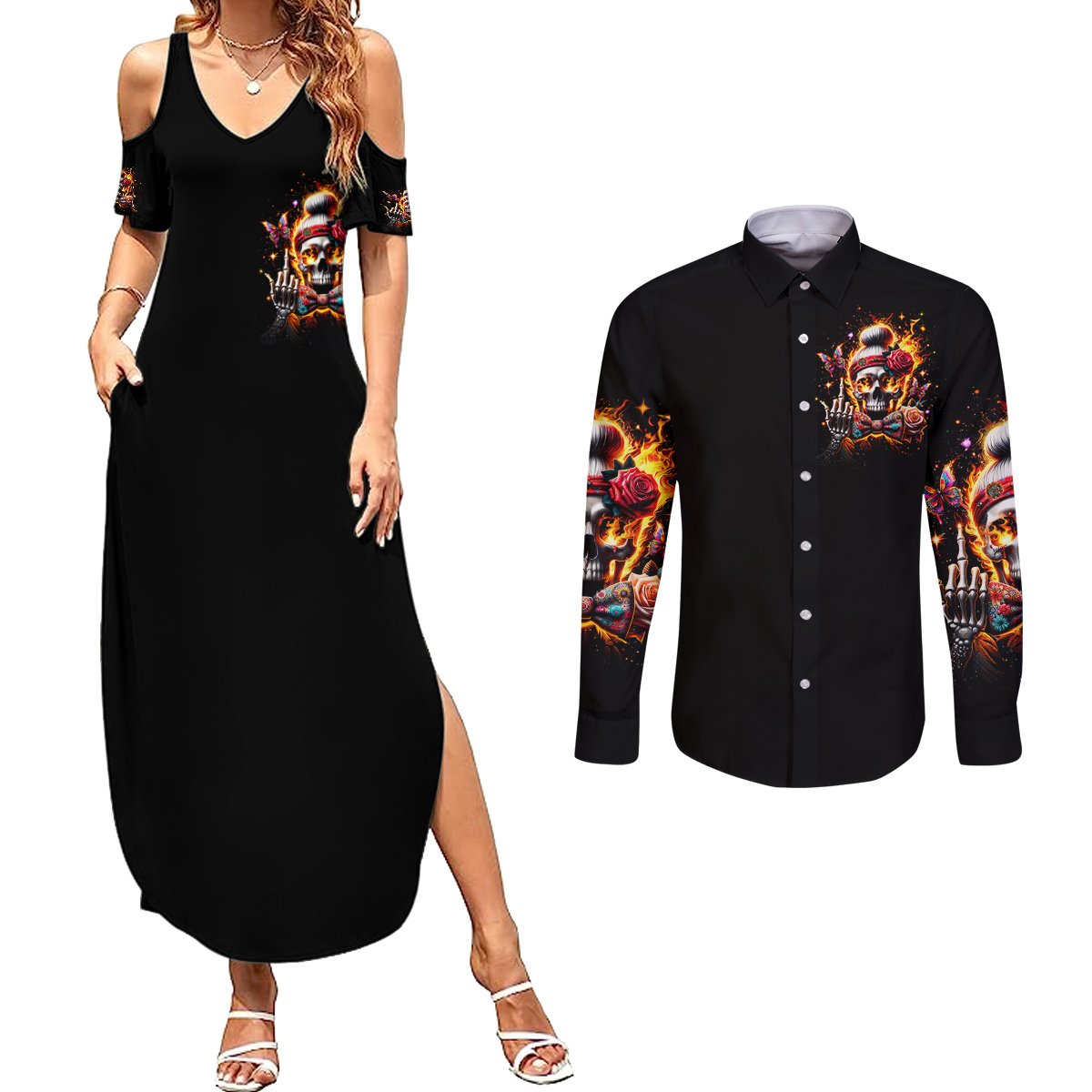 Lady Skull Couples Matching Summer Maxi Dress and Long Sleeve Button Shirt Yes I'm A Bitch But Not Yours - Wonder Print Shop