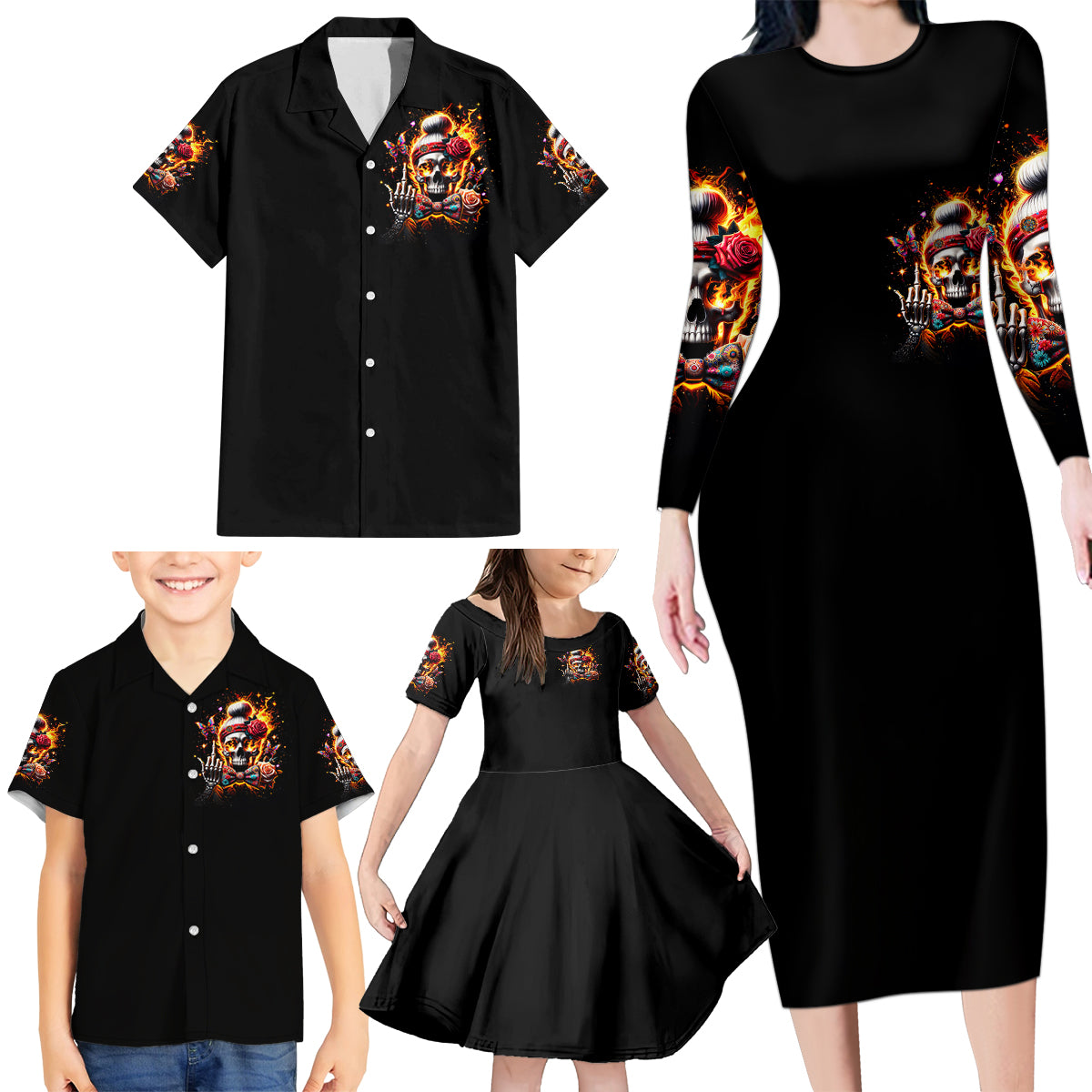 Lady Skull Family Matching Long Sleeve Bodycon Dress and Hawaiian Shirt Yes I'm A Bitch But Not Yours - Wonder Print Shop