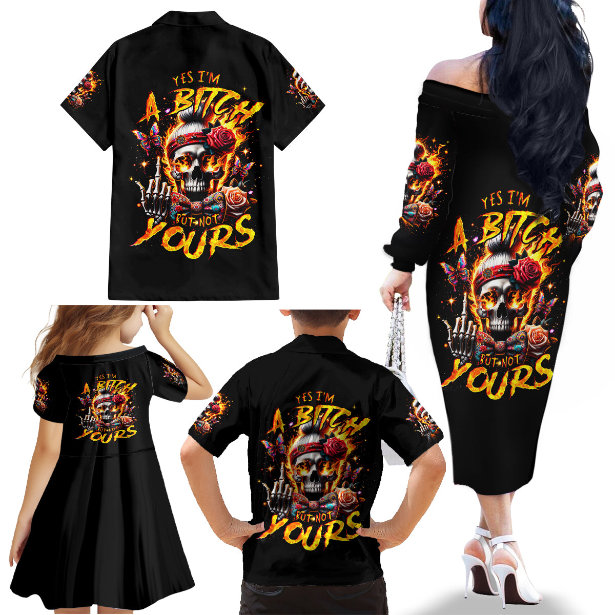 Lady Skull Family Matching Off Shoulder Long Sleeve Dress and Hawaiian Shirt Yes I'm A Bitch But Not Yours - Wonder Print Shop
