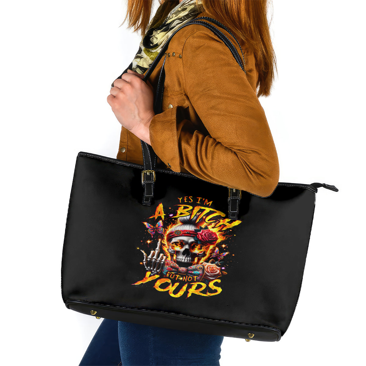 Lady Skull Leather Tote Bag Yes I'm A Bitch But Not Yours - Wonder Print Shop