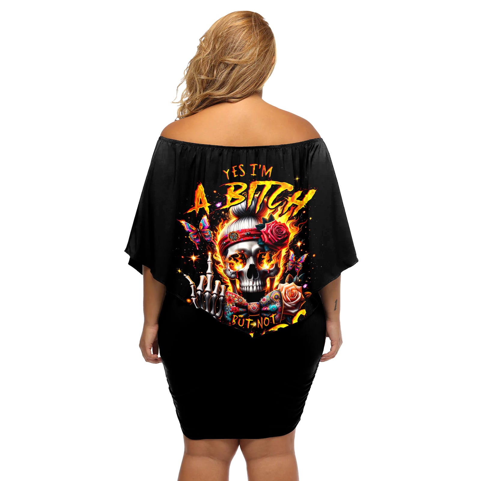 Lady Skull Off Shoulder Short Dress Yes I'm A Bitch But Not Yours - Wonder Print Shop