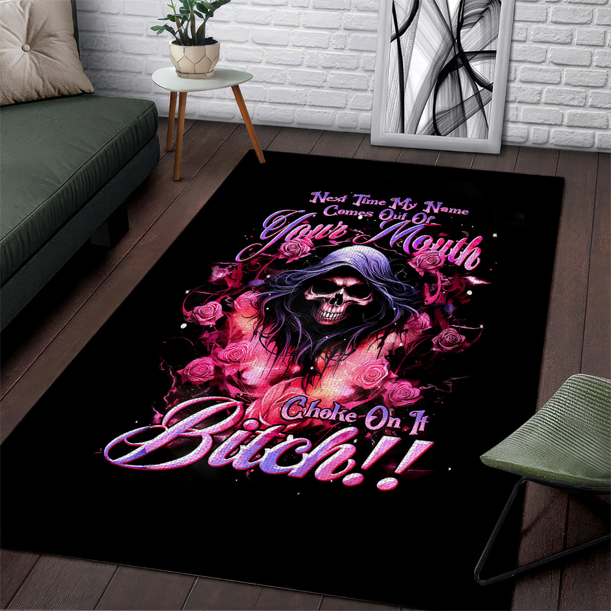 Rose Skull Area Rug Next Time My Name Comes Out Of Your Mouth Choke On iT Bitch - Wonder Print Shop