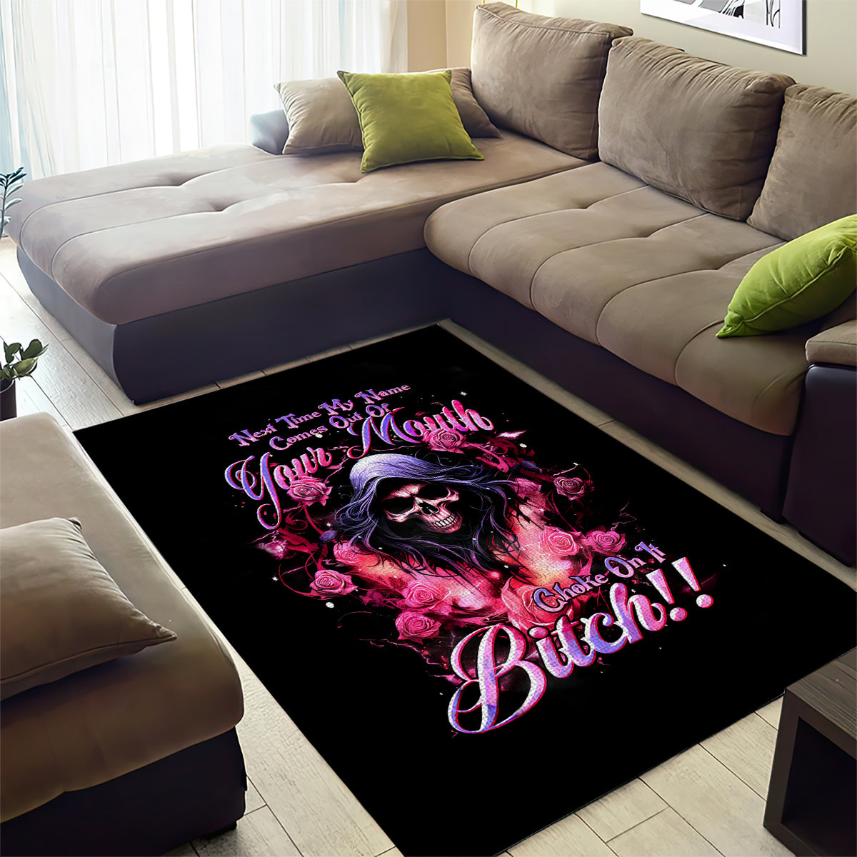 Rose Skull Area Rug Next Time My Name Comes Out Of Your Mouth Choke On iT Bitch - Wonder Print Shop