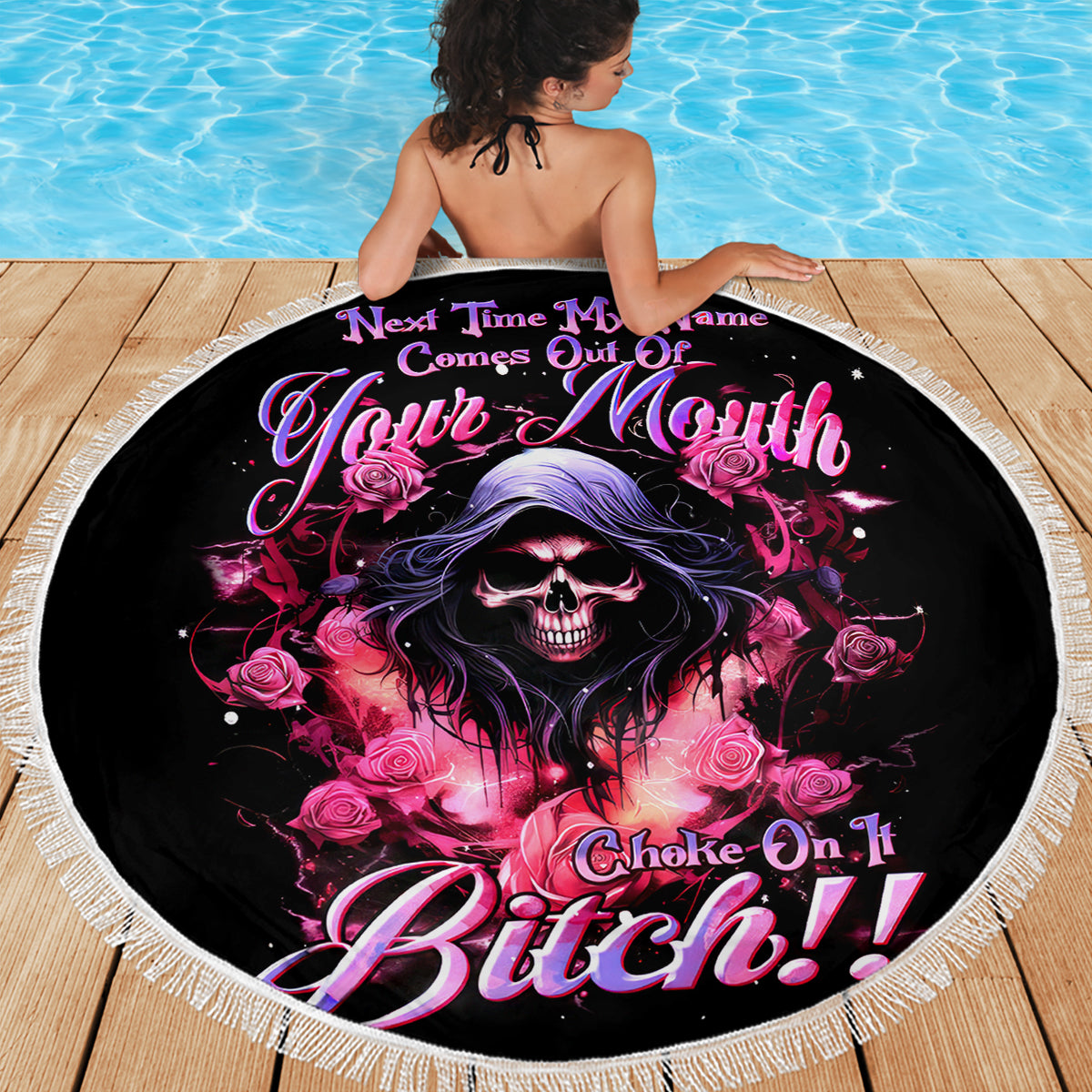 Rose Skull Beach Blanket Next Time My Name Comes Out Of Your Mouth Choke On iT Bitch - Wonder Print Shop