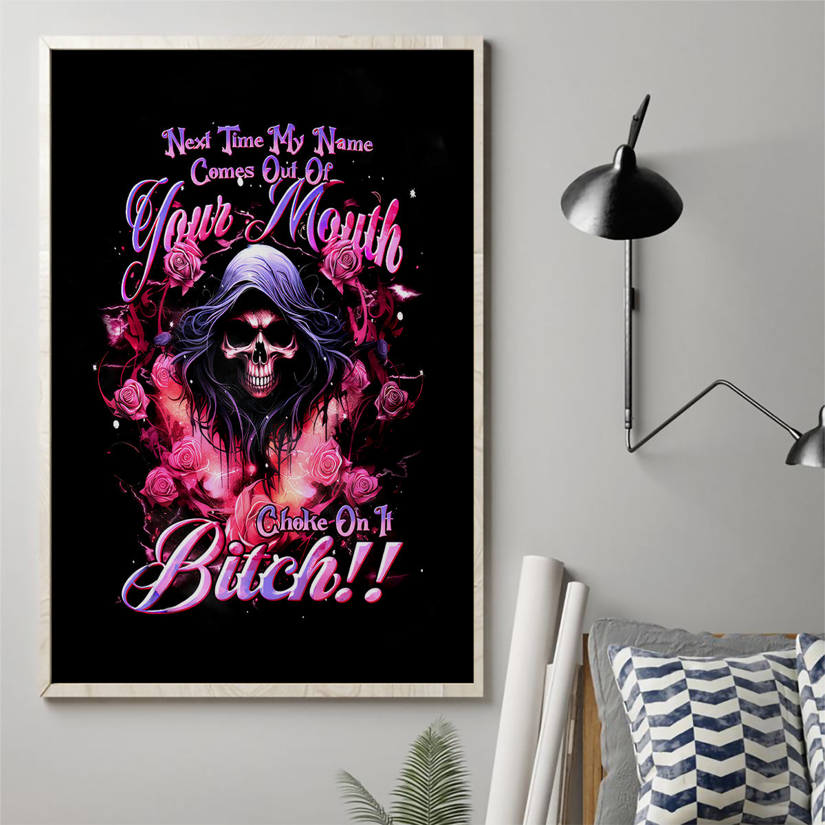 Rose Skull Canvas Wall Art Next Time My Name Comes Out Of Your Mouth Choke On iT Bitch - Wonder Print Shop