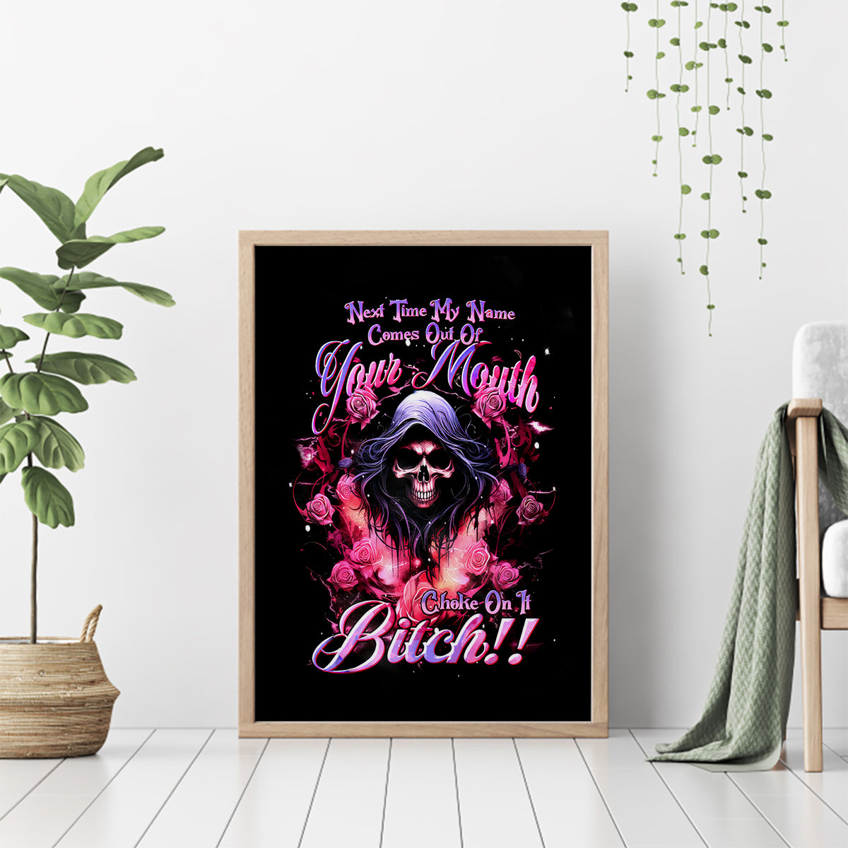 Rose Skull Canvas Wall Art Next Time My Name Comes Out Of Your Mouth Choke On iT Bitch - Wonder Print Shop