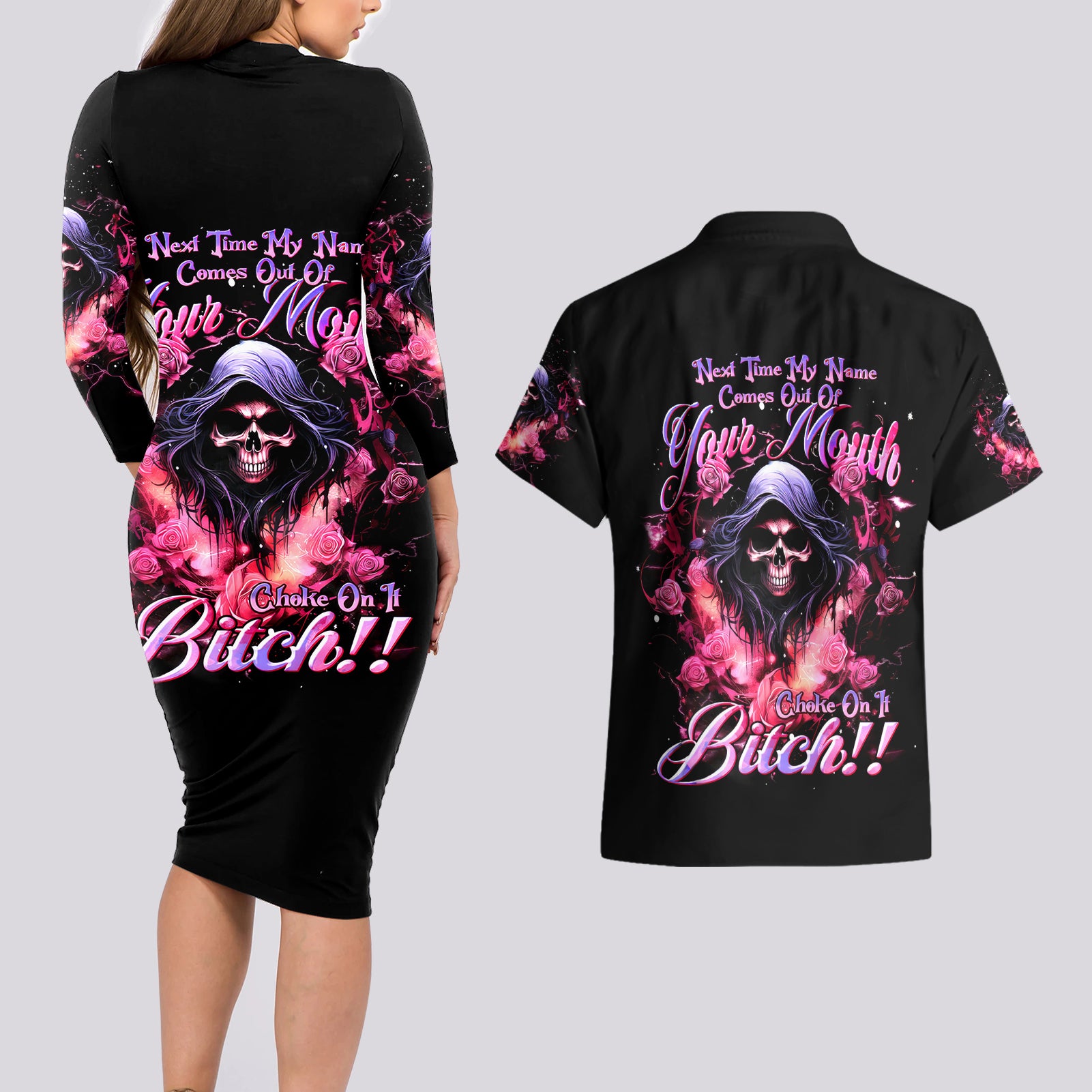Rose Skull Couples Matching Long Sleeve Bodycon Dress and Hawaiian Shirt Next Time My Name Comes Out Of Your Mouth Choke On iT Bitch - Wonder Print Shop