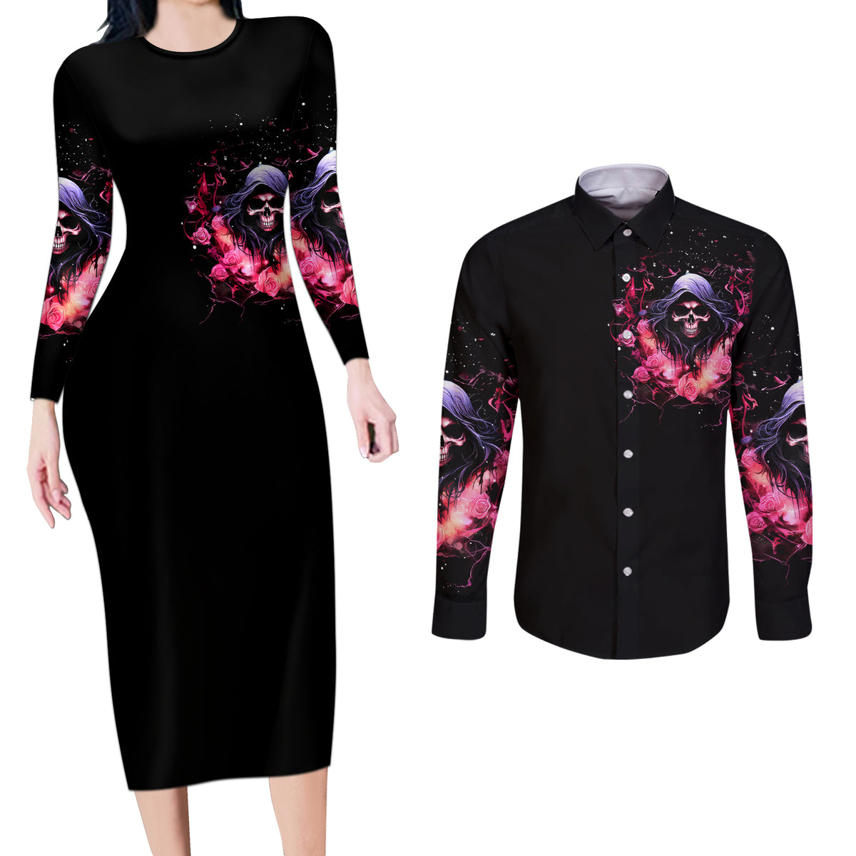 Rose Skull Couples Matching Long Sleeve Bodycon Dress and Long Sleeve Button Shirt Next Time My Name Comes Out Of Your Mouth Choke On iT Bitch - Wonder Print Shop