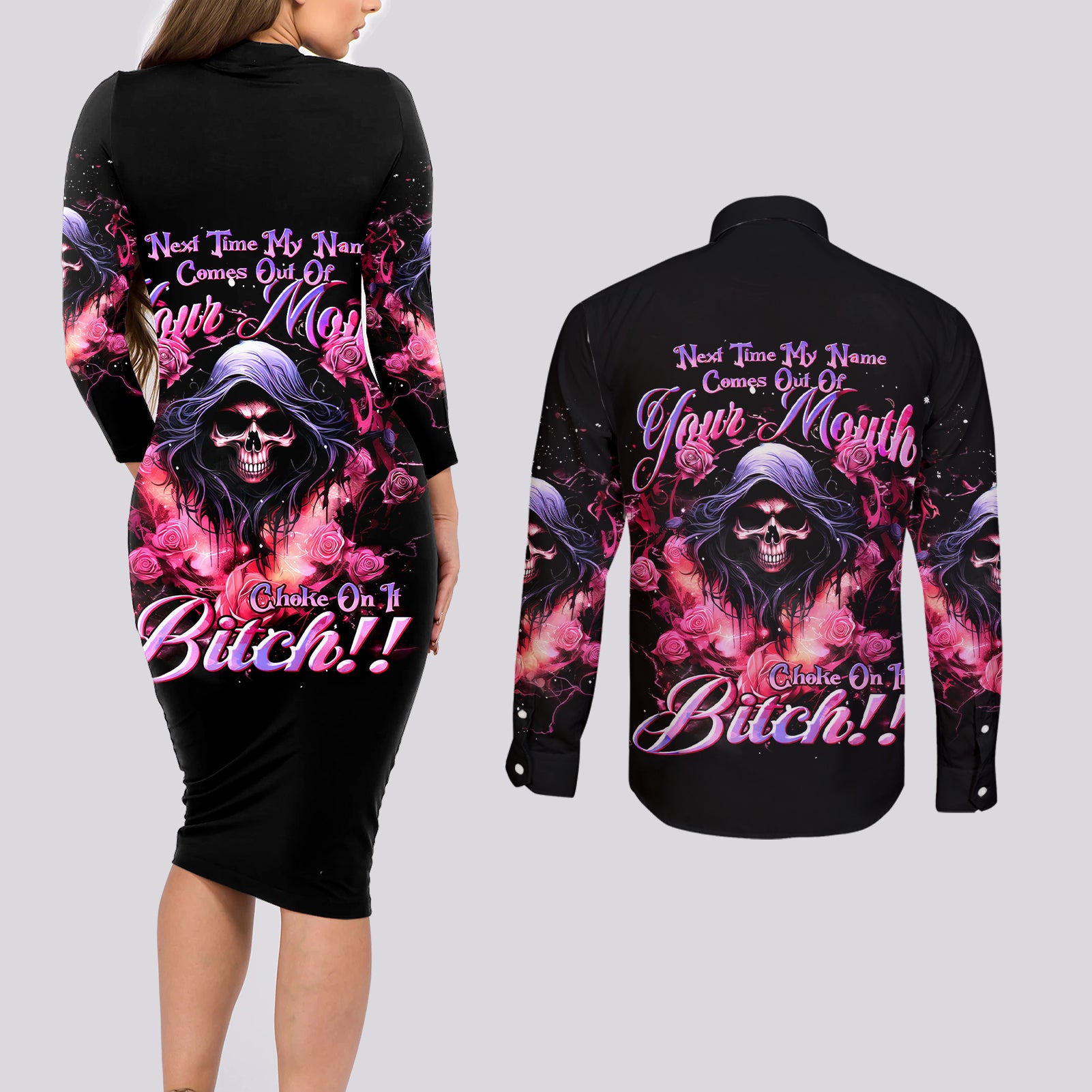 Rose Skull Couples Matching Long Sleeve Bodycon Dress and Long Sleeve Button Shirt Next Time My Name Comes Out Of Your Mouth Choke On iT Bitch - Wonder Print Shop