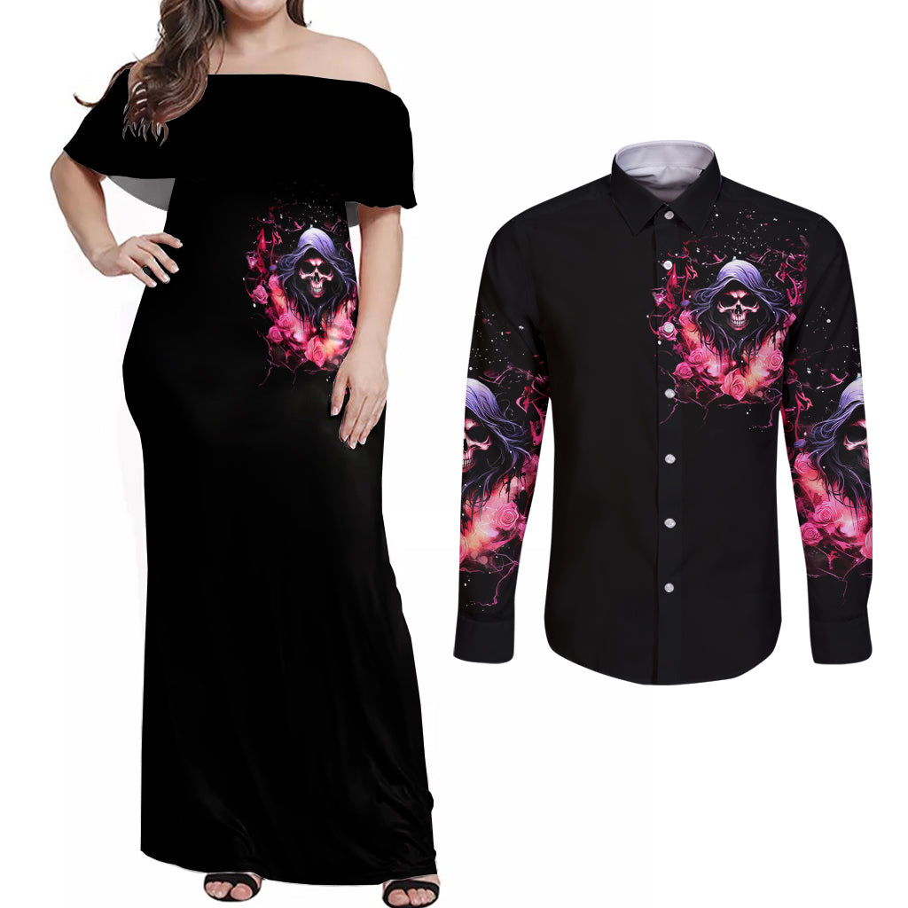 Rose Skull Couples Matching Off Shoulder Maxi Dress and Long Sleeve Button Shirt Next Time My Name Comes Out Of Your Mouth Choke On iT Bitch - Wonder Print Shop
