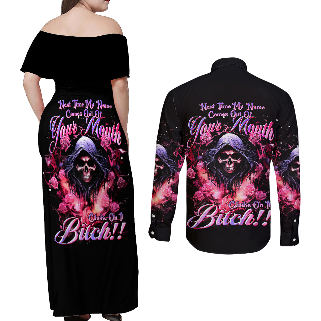 Rose Skull Couples Matching Off Shoulder Maxi Dress and Long Sleeve Button Shirt Next Time My Name Comes Out Of Your Mouth Choke On iT Bitch - Wonder Print Shop