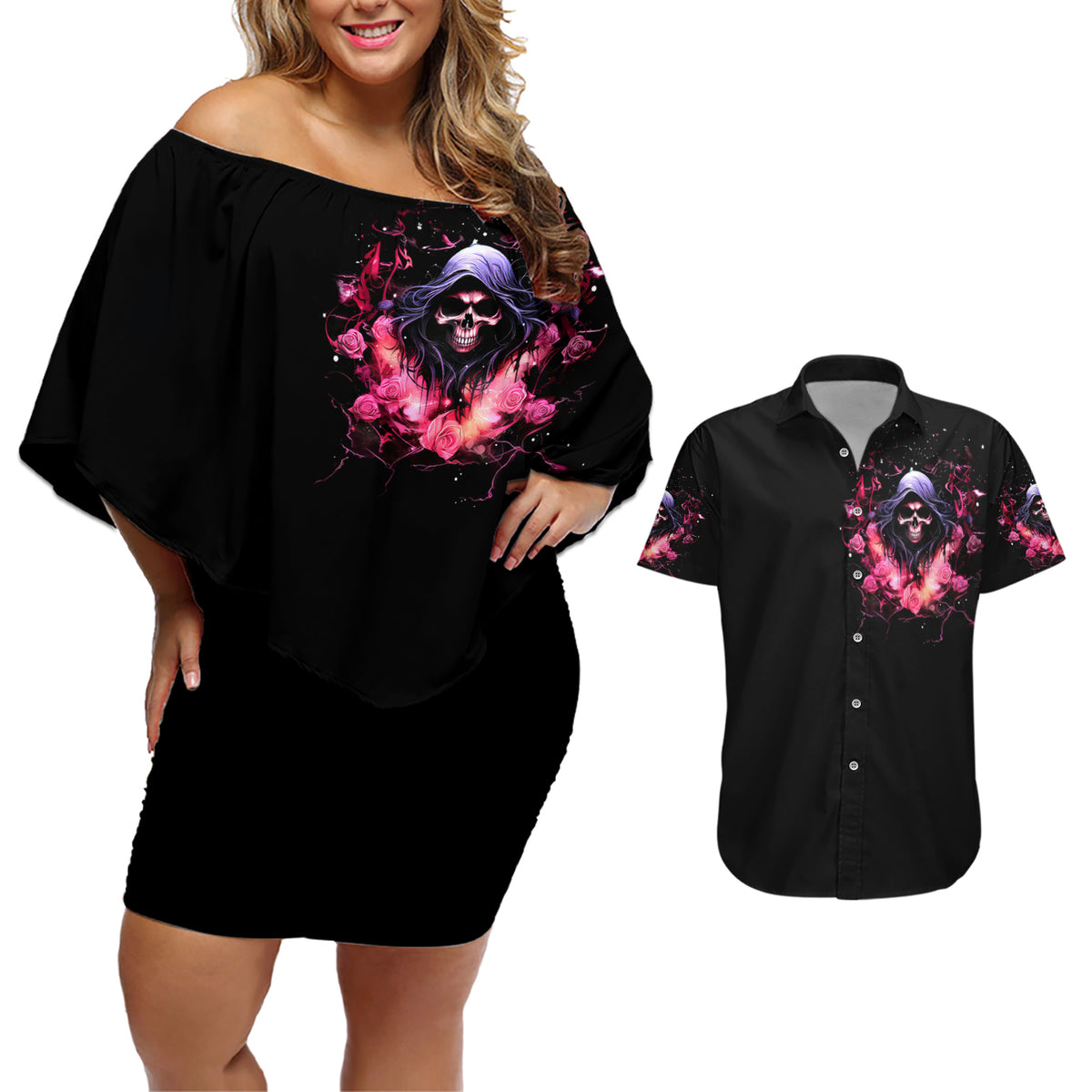 Rose Skull Couples Matching Off Shoulder Short Dress and Hawaiian Shirt Next Time My Name Comes Out Of Your Mouth Choke On iT Bitch - Wonder Print Shop