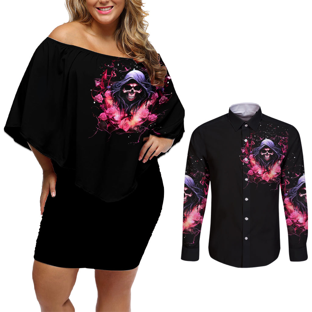 Rose Skull Couples Matching Off Shoulder Short Dress and Long Sleeve Button Shirt Next Time My Name Comes Out Of Your Mouth Choke On iT Bitch - Wonder Print Shop