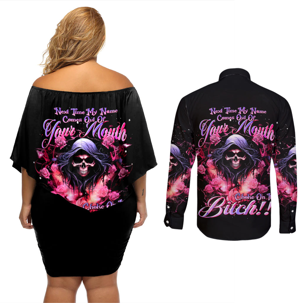 Rose Skull Couples Matching Off Shoulder Short Dress and Long Sleeve Button Shirt Next Time My Name Comes Out Of Your Mouth Choke On iT Bitch - Wonder Print Shop