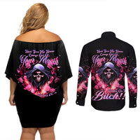 Rose Skull Couples Matching Off Shoulder Short Dress and Long Sleeve Button Shirt Next Time My Name Comes Out Of Your Mouth Choke On iT Bitch - Wonder Print Shop