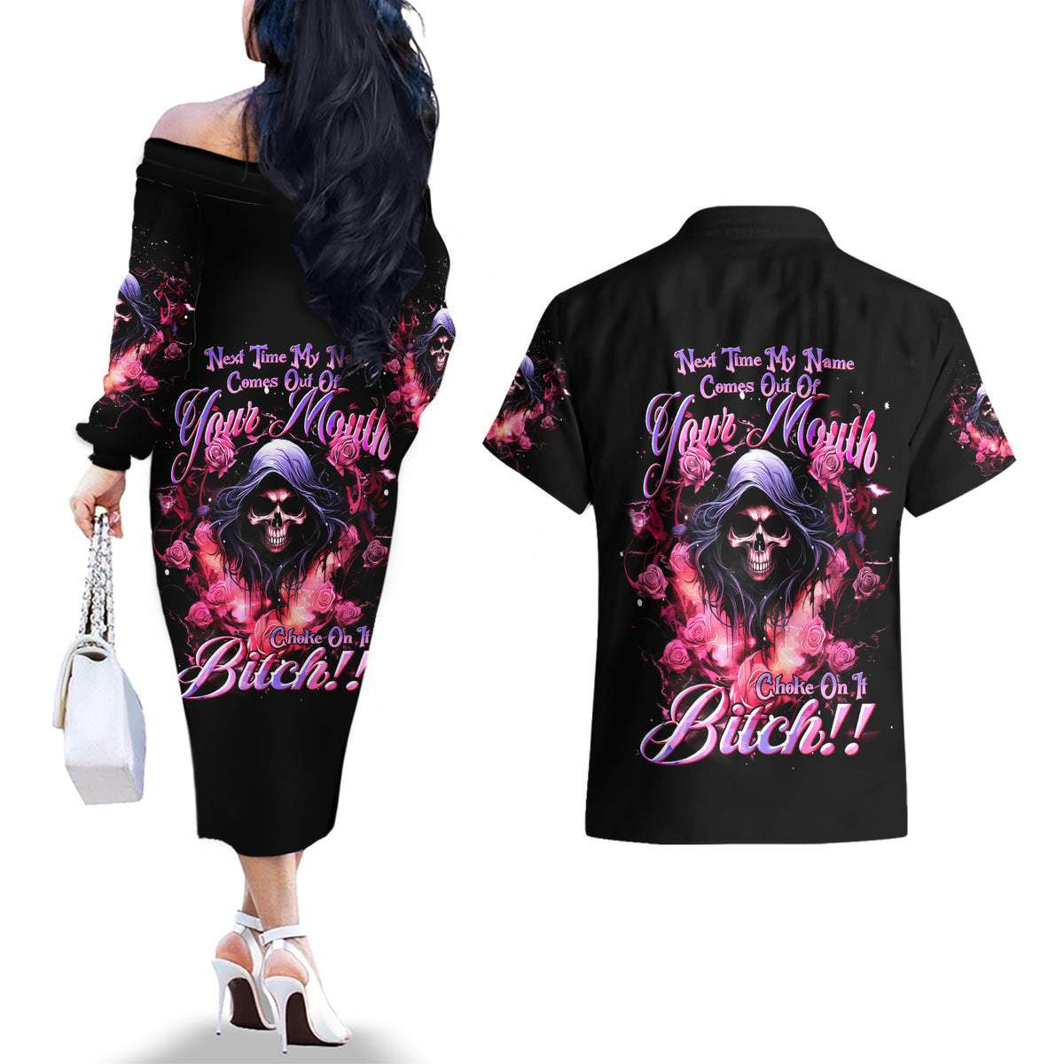 Rose Skull Couples Matching Off The Shoulder Long Sleeve Dress and Hawaiian Shirt Next Time My Name Comes Out Of Your Mouth Choke On iT Bitch - Wonder Print Shop