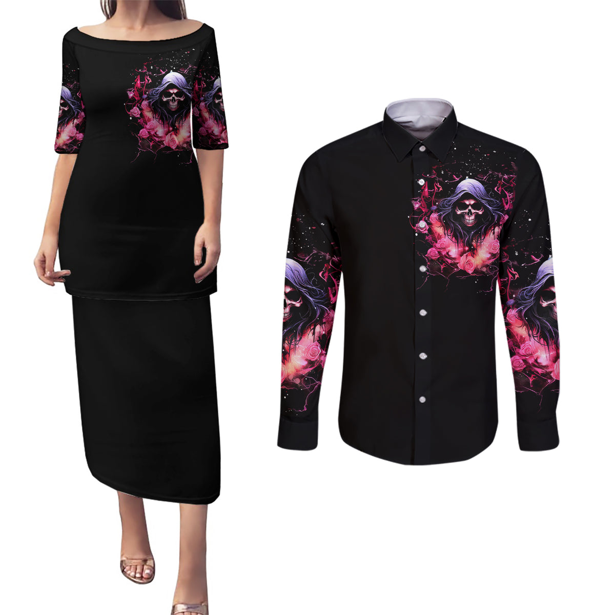 Rose Skull Couples Matching Puletasi Dress and Long Sleeve Button Shirt Next Time My Name Comes Out Of Your Mouth Choke On iT Bitch - Wonder Print Shop