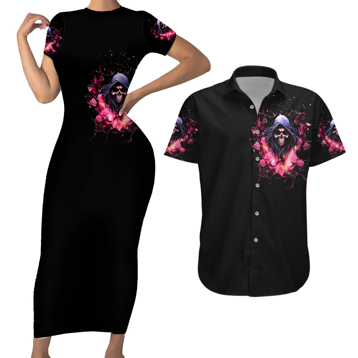 Rose Skull Couples Matching Short Sleeve Bodycon Dress and Hawaiian Shirt Next Time My Name Comes Out Of Your Mouth Choke On iT Bitch - Wonder Print Shop