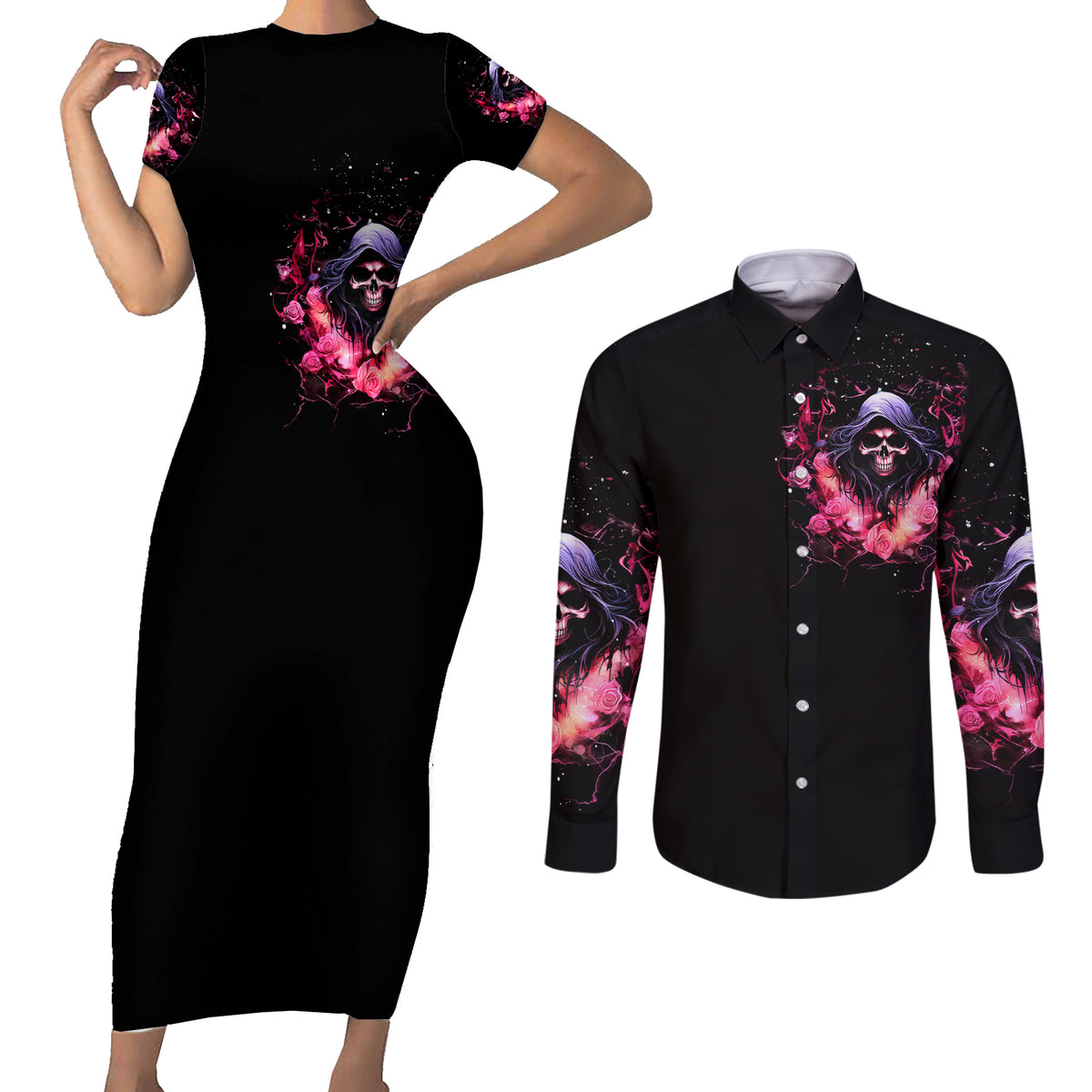 Rose Skull Couples Matching Short Sleeve Bodycon Dress and Long Sleeve Button Shirt Next Time My Name Comes Out Of Your Mouth Choke On iT Bitch - Wonder Print Shop