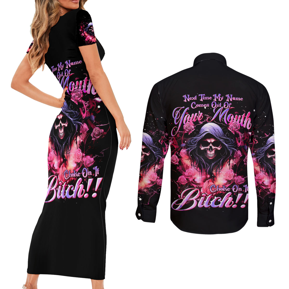 Rose Skull Couples Matching Short Sleeve Bodycon Dress and Long Sleeve Button Shirt Next Time My Name Comes Out Of Your Mouth Choke On iT Bitch - Wonder Print Shop