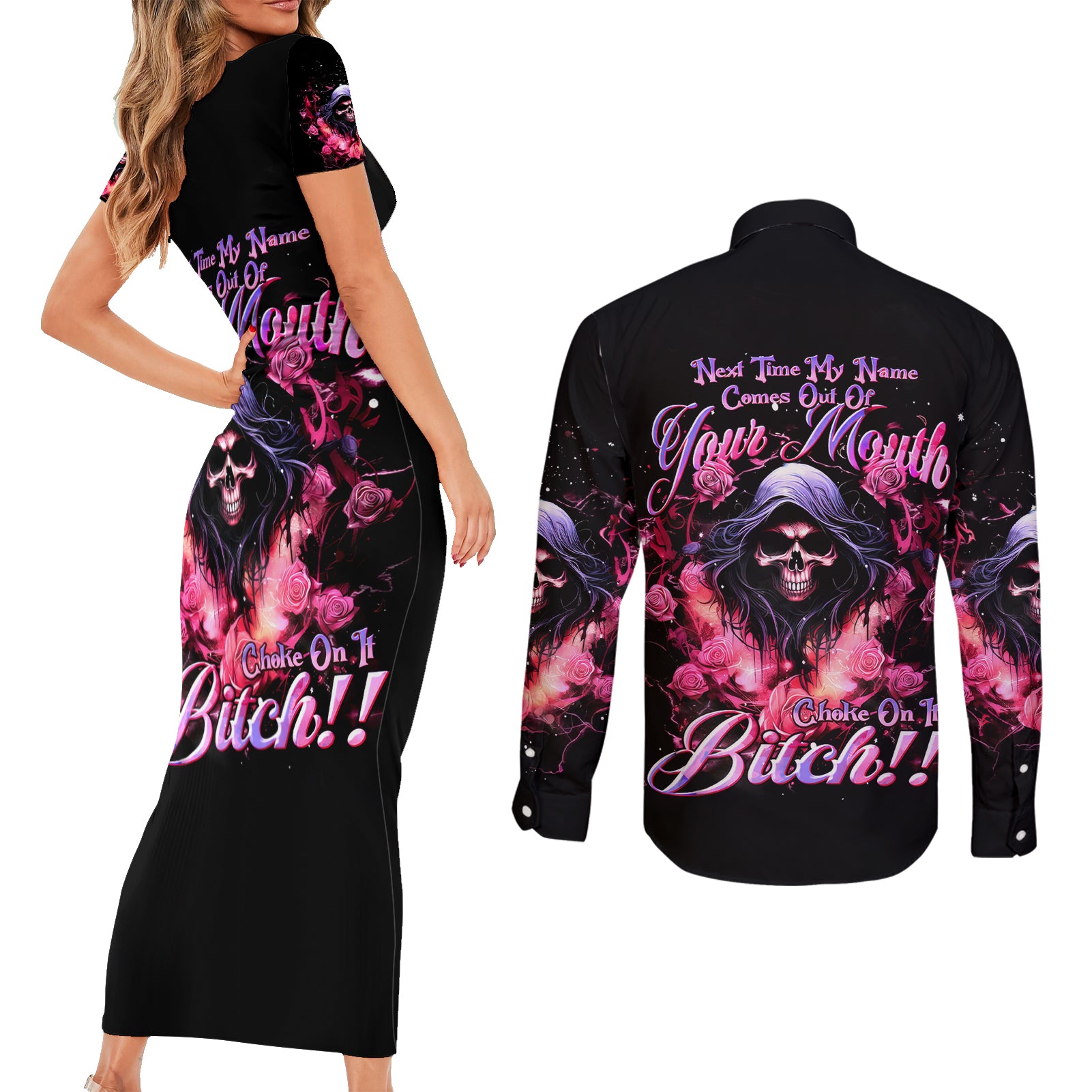 Rose Skull Couples Matching Short Sleeve Bodycon Dress and Long Sleeve Button Shirt Next Time My Name Comes Out Of Your Mouth Choke On iT Bitch - Wonder Print Shop