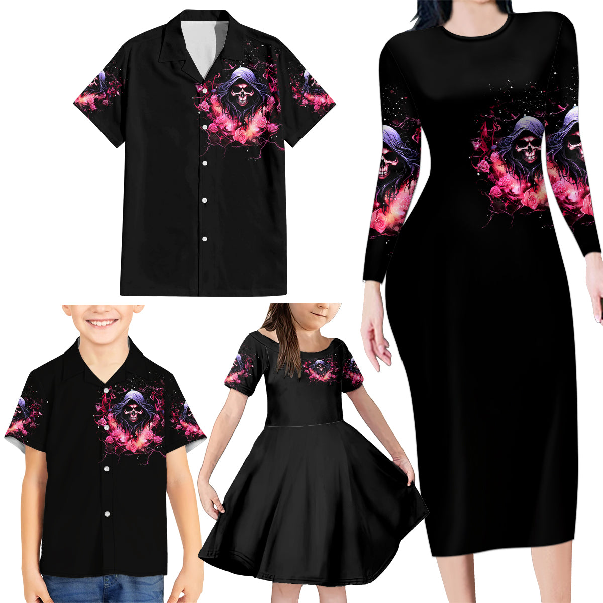 Rose Skull Family Matching Long Sleeve Bodycon Dress and Hawaiian Shirt Next Time My Name Comes Out Of Your Mouth Choke On iT Bitch - Wonder Print Shop