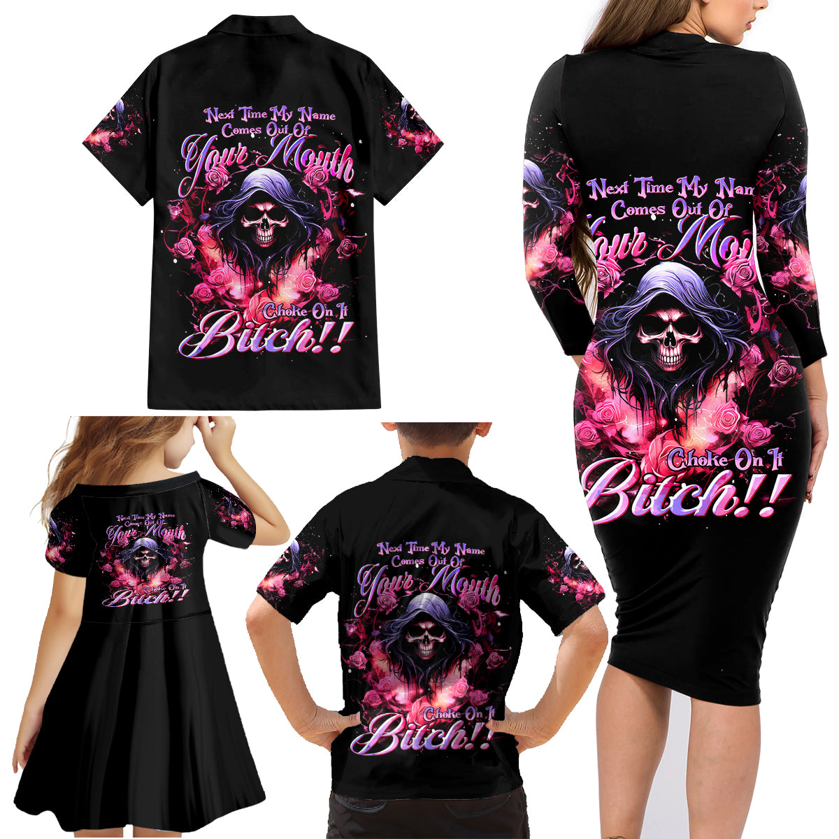Rose Skull Family Matching Long Sleeve Bodycon Dress and Hawaiian Shirt Next Time My Name Comes Out Of Your Mouth Choke On iT Bitch - Wonder Print Shop