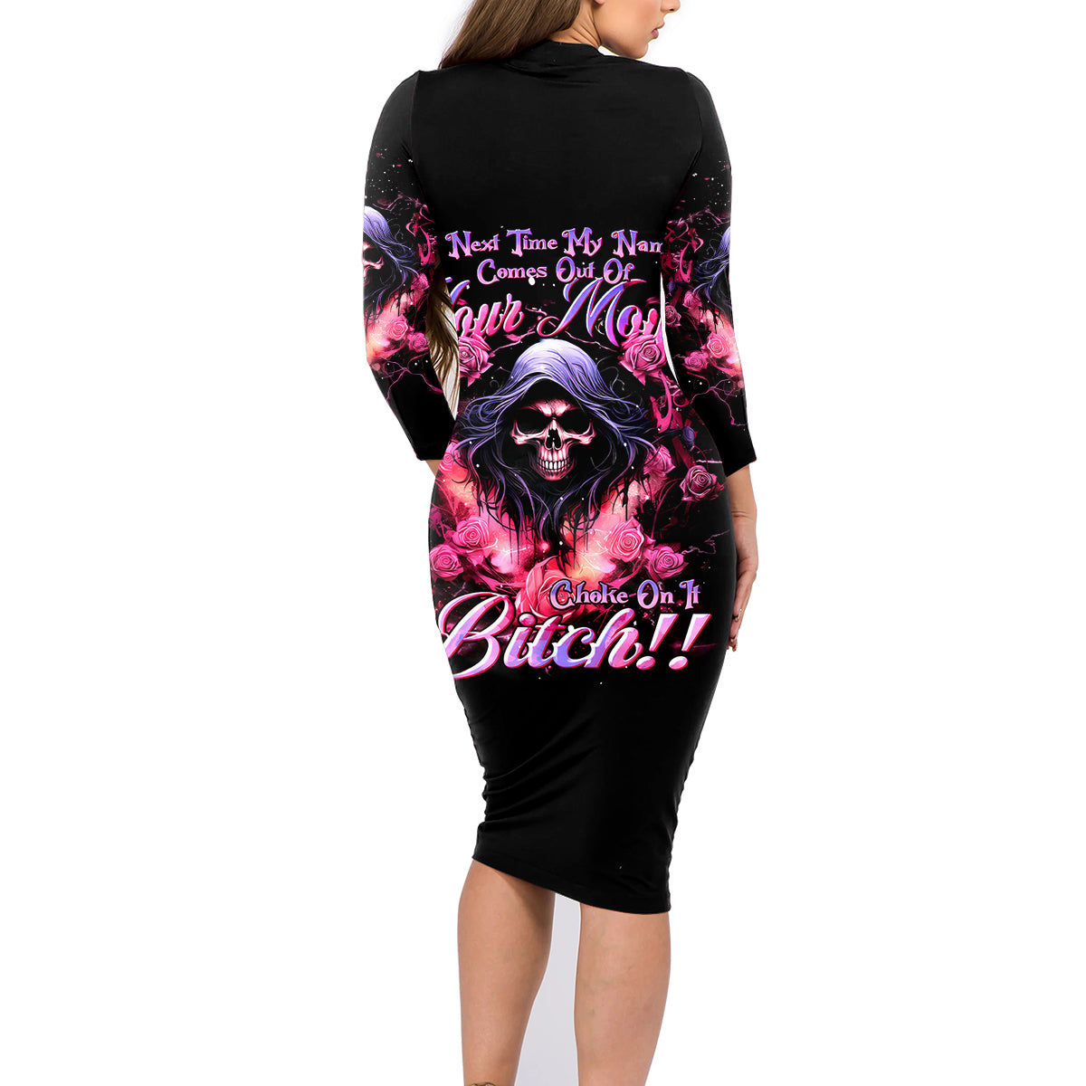 Rose Skull Family Matching Long Sleeve Bodycon Dress and Hawaiian Shirt Next Time My Name Comes Out Of Your Mouth Choke On iT Bitch - Wonder Print Shop