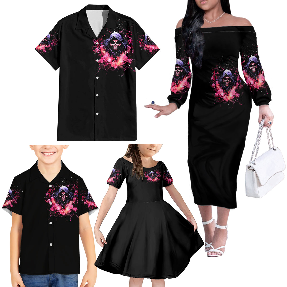 Rose Skull Family Matching Off Shoulder Long Sleeve Dress and Hawaiian Shirt Next Time My Name Comes Out Of Your Mouth Choke On iT Bitch - Wonder Print Shop