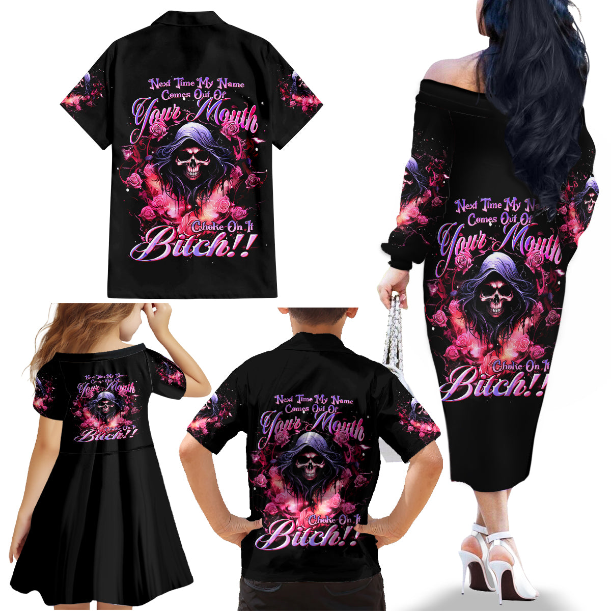 Rose Skull Family Matching Off Shoulder Long Sleeve Dress and Hawaiian Shirt Next Time My Name Comes Out Of Your Mouth Choke On iT Bitch - Wonder Print Shop