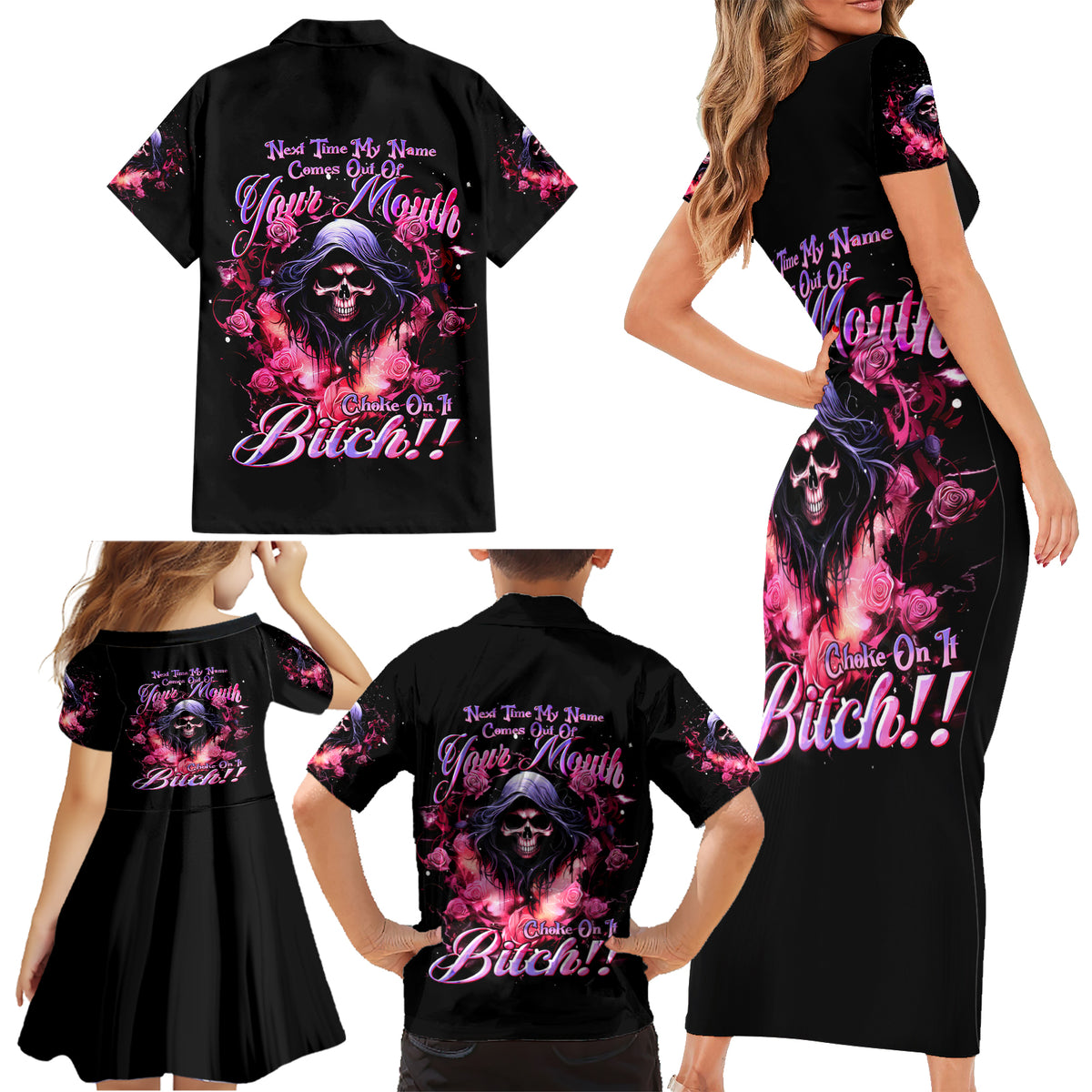 Rose Skull Family Matching Short Sleeve Bodycon Dress and Hawaiian Shirt Next Time My Name Comes Out Of Your Mouth Choke On iT Bitch - Wonder Print Shop