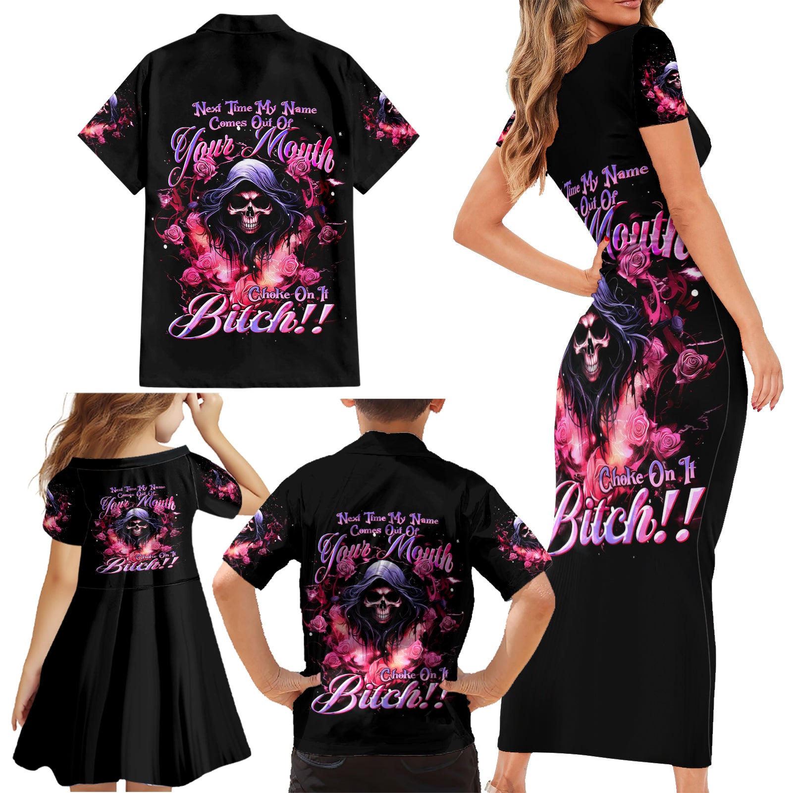 Rose Skull Family Matching Short Sleeve Bodycon Dress and Hawaiian Shirt Next Time My Name Comes Out Of Your Mouth Choke On iT Bitch - Wonder Print Shop