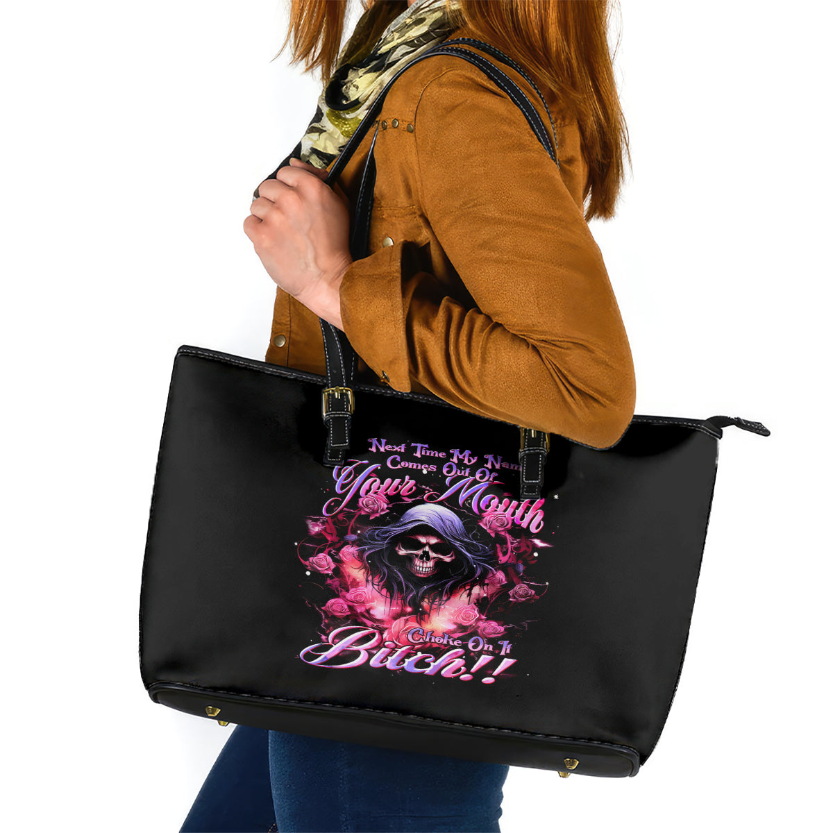 Rose Skull Leather Tote Bag Next Time My Name Comes Out Of Your Mouth Choke On iT Bitch - Wonder Print Shop