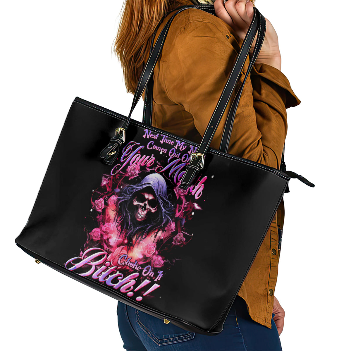 Rose Skull Leather Tote Bag Next Time My Name Comes Out Of Your Mouth Choke On iT Bitch - Wonder Print Shop