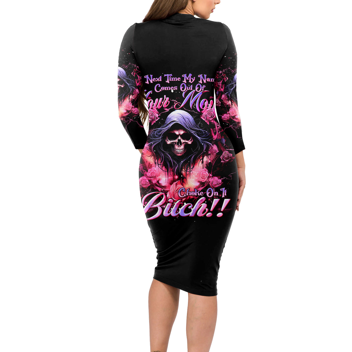 Rose Skull Long Sleeve Bodycon Dress Next Time My Name Comes Out Of Your Mouth Choke On iT Bitch - Wonder Print Shop