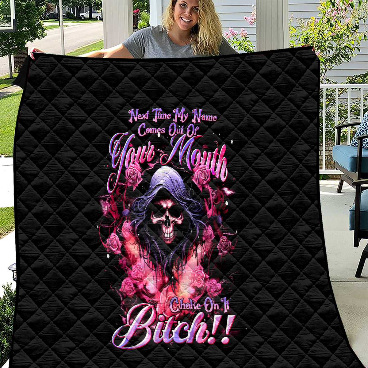 Rose Skull Quilt Next Time My Name Comes Out Of Your Mouth Choke On iT Bitch - Wonder Print Shop