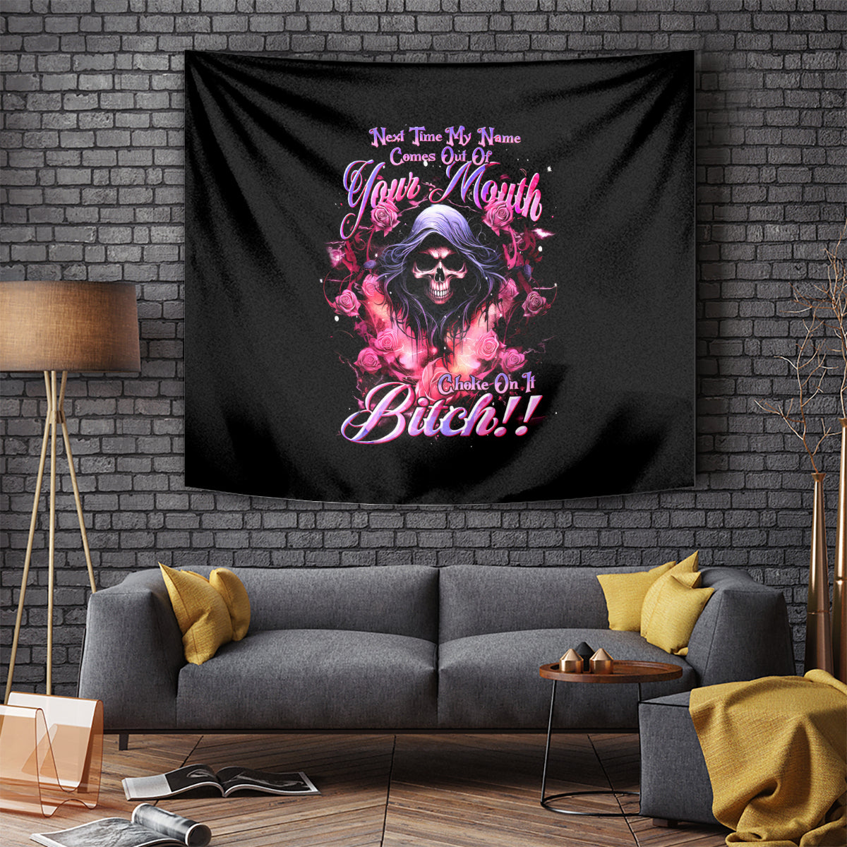 Rose Skull Tapestry Next Time My Name Comes Out Of Your Mouth Choke On iT Bitch - Wonder Print Shop