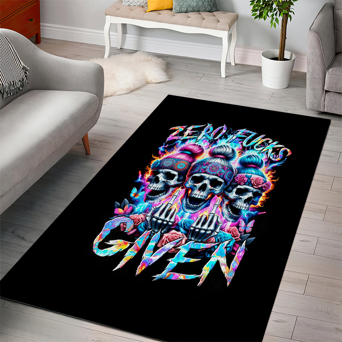 Lady Skull Area Rug Zero Fucks Given - Wonder Print Shop