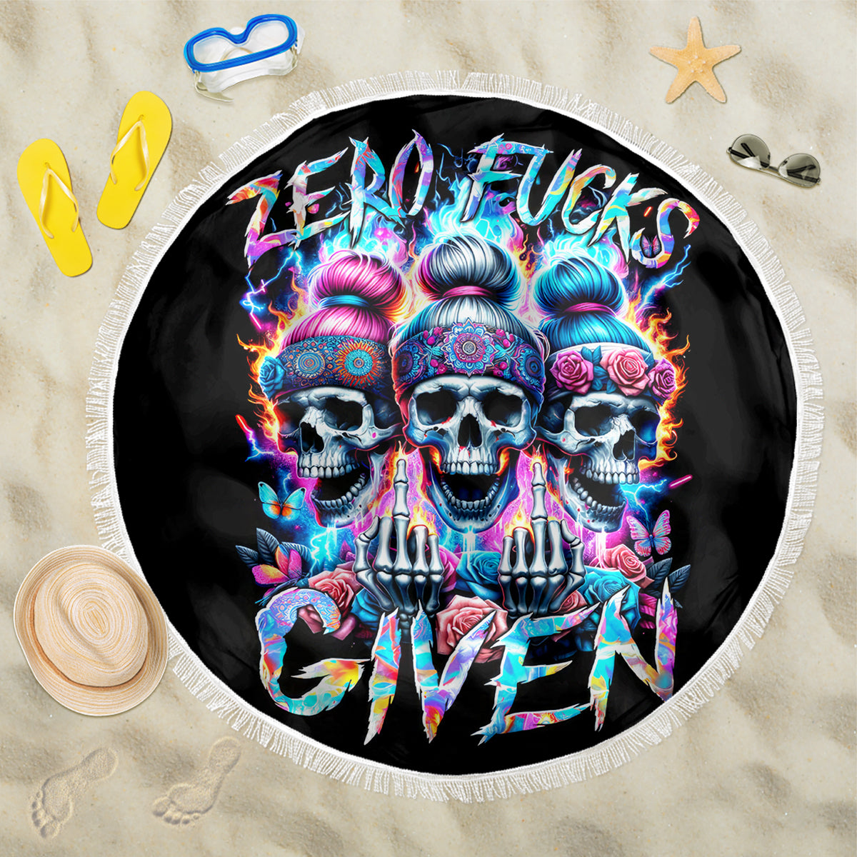 Lady Skull Beach Blanket Zero Fucks Given - Wonder Print Shop