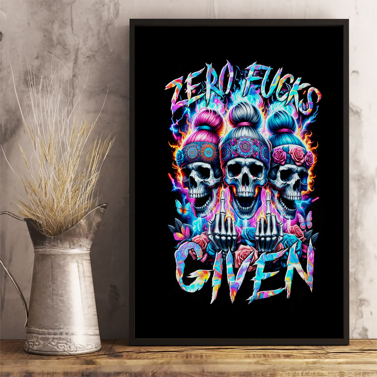 Lady Skull Canvas Wall Art Zero Fucks Given - Wonder Print Shop
