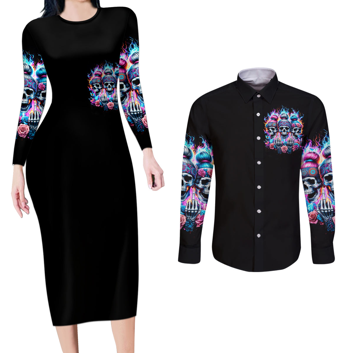 Lady Skull Couples Matching Long Sleeve Bodycon Dress and Long Sleeve Button Shirt Zero Fucks Given - Wonder Print Shop