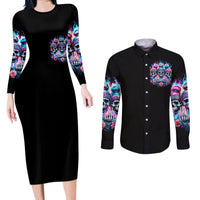 Lady Skull Couples Matching Long Sleeve Bodycon Dress and Long Sleeve Button Shirt Zero Fucks Given - Wonder Print Shop
