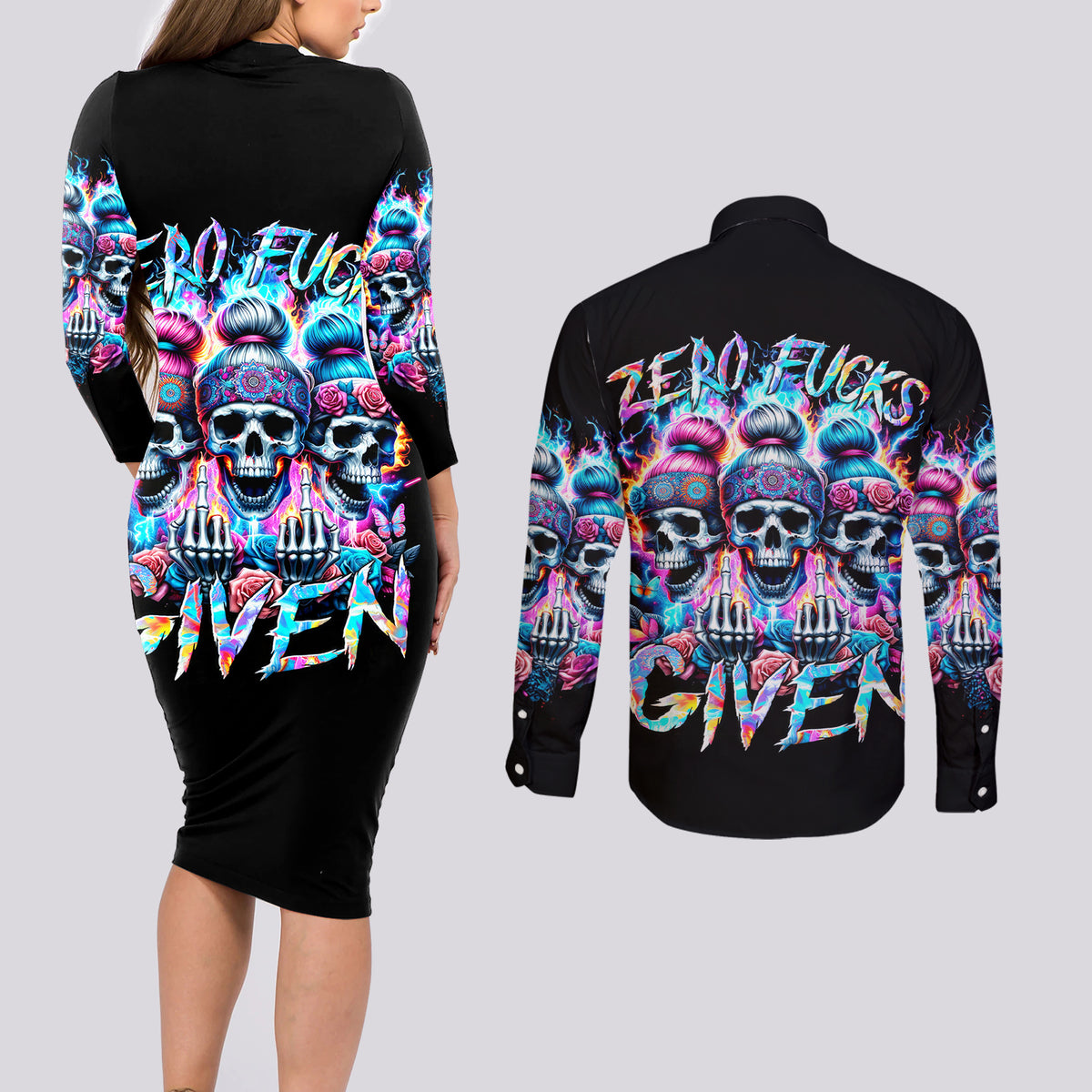 Lady Skull Couples Matching Long Sleeve Bodycon Dress and Long Sleeve Button Shirt Zero Fucks Given - Wonder Print Shop
