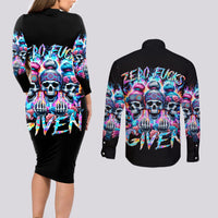 Lady Skull Couples Matching Long Sleeve Bodycon Dress and Long Sleeve Button Shirt Zero Fucks Given - Wonder Print Shop