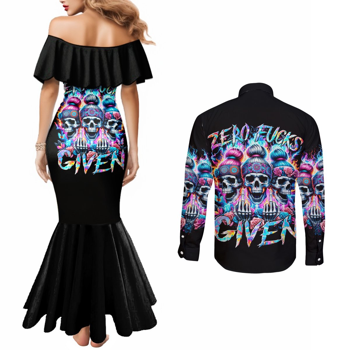 lady-skull-couples-matching-mermaid-dress-and-long-sleeve-button-shirt-zero-fucks-given