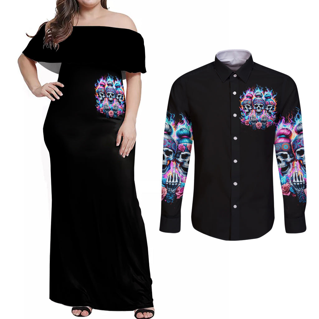 Lady Skull Couples Matching Off Shoulder Maxi Dress and Long Sleeve Button Shirt Zero Fucks Given - Wonder Print Shop