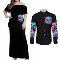 Lady Skull Couples Matching Off Shoulder Maxi Dress and Long Sleeve Button Shirt Zero Fucks Given - Wonder Print Shop