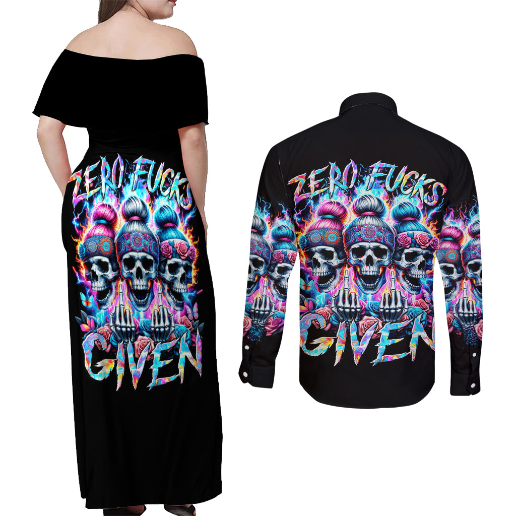 Lady Skull Couples Matching Off Shoulder Maxi Dress and Long Sleeve Button Shirt Zero Fucks Given - Wonder Print Shop