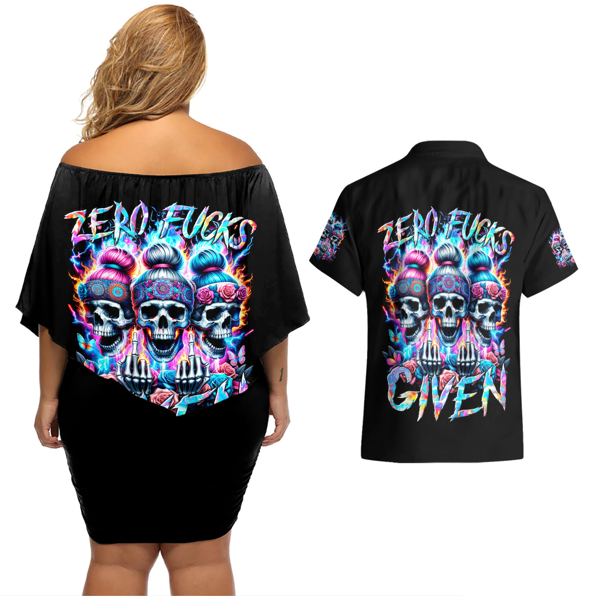 Lady Skull Couples Matching Off Shoulder Short Dress and Hawaiian Shirt Zero Fucks Given - Wonder Print Shop