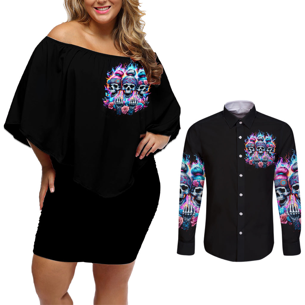 Lady Skull Couples Matching Off Shoulder Short Dress and Long Sleeve Button Shirt Zero Fucks Given - Wonder Print Shop